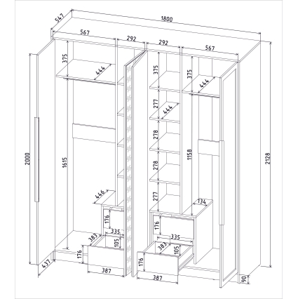 Шкаф распашной Тренд КТ-Ш4 (з) (Дуб золотой ЛДСП/ Белый ЛМДФ) Ш1800 В2128 Г547
